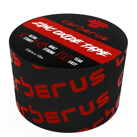Image of Roll of black cerberus tape with red and white text on a white background