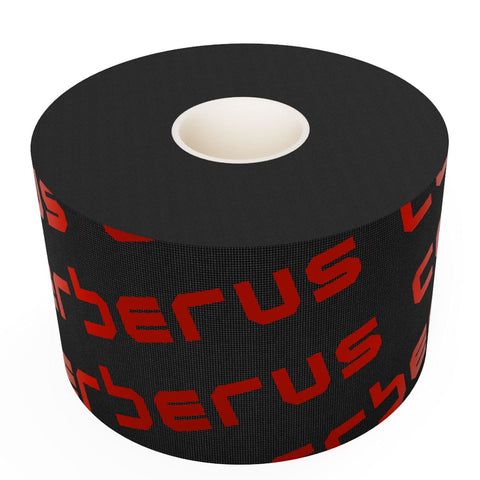 Image of Roll of black tape with red 'CERBERUS' branding on a white background