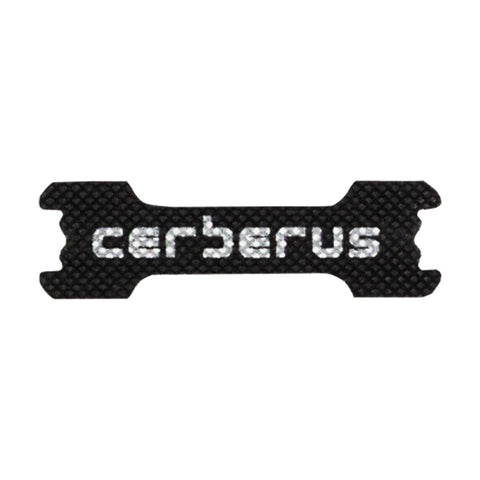 Image of Carbon fiber patterned decal with 'cerberus' text on a white background