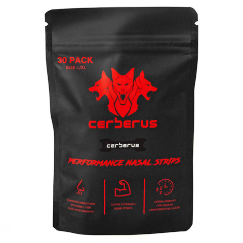 Image of Black package of Cerberus Performance Nasal Strips with red text and logo on a white background